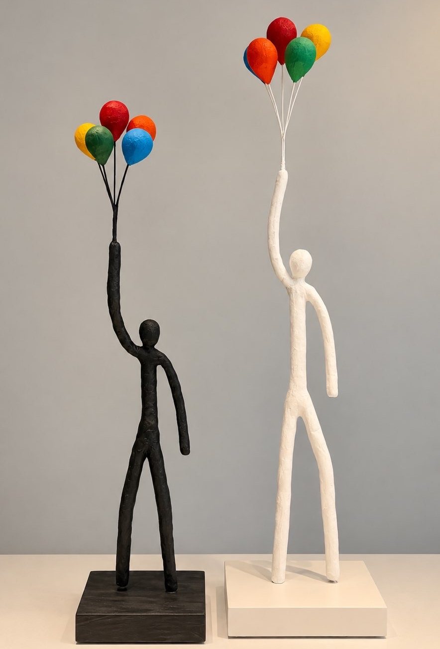 Deux personnages, l’un noir l’autre crème, tenant des bouquets de ballons